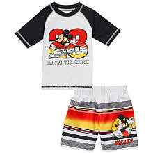 Disney Boys' 2 Piece White/Black Surfer Mickey Mouse Short Sleeve Rash Guard and Swim Trunks Set