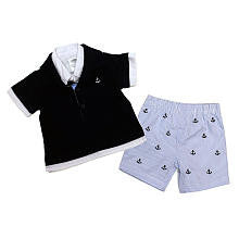 Koala Baby Boutique Boys 2 Piece Navy Faux Layered Short Sleeve Polo and Seersucker Anchor Schiffli Shorts Set