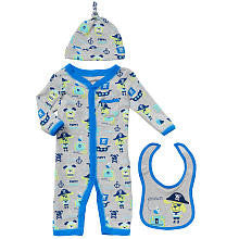 Koala Baby Boys' 3 Piece Gray/Blue Puppy Pirate Layette Set with Coveralls, Bib and Hat