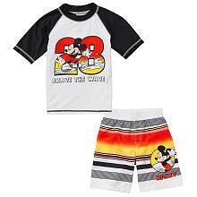 Disney Boys' 2 Piece White/Black Surfer Mickey Mouse Short Sleeve Rash Guard and Swim Trunks Set - Toddler