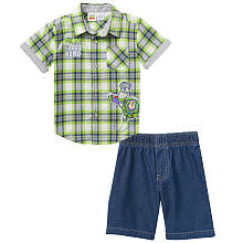 Disney Boys' 2 Piece Green/Blue Buzz Lightyear Woven Short Sleeve Shirt and Denim Shorts Playwear Set - Toddler