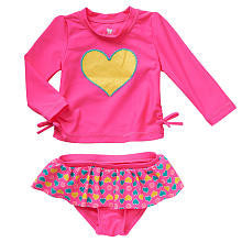 Koala Baby Girls 2 Piece Pink Heart Print Long Sleeve Rash Guard and Skirted Bottoms Swimwear Set