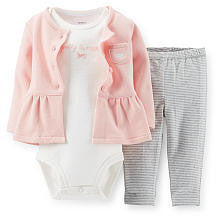 Carter's Girls 3 Piece Light Pink Peplum Cardigan, Pointelle Lap Shoulder Bodysuit and Grey Striped Legging Set