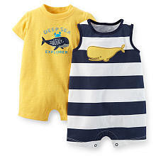 Carter's Boys 2 Pack Navy/White Striped Whale Print Sleeveless Romper and Yellow "Deep Sea Explorer" Romper