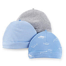 Carter's Boys 3 Pack Assorted Hats with Blue Stripes, Grey Printed and Blue Shark Printed