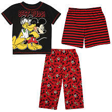 Disney Boys' 3 Piece Red/Black Mickey and Pluto Pajama Set with Short Sleeve Shirt, Pants and Shorts