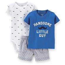 Carter's Boys 3 Piece Blue "Handsome Little Guy" Mustache Short Sleeve T Shirt, Mustache Print Bodysuit and Short Set