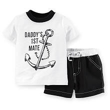 Carter's Boys 2 Piece Black/White "Daddy's 1st Mate" Short Sleeve Jersey T Shirt and Black Swim Trunks Set