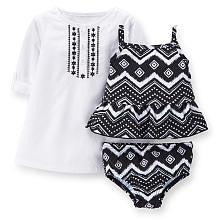 Carter's Girls 3 Piece Black/White Chevron Tankini Top with Bottom Bathing Suit and Embroidered Woven Cover Up Set