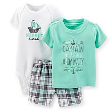 Carter's Boys 3 Piece Blue "Captain of the Ship Ahoy Matey" T Shirt, "Mommy's First Mate" Bodysuit and Plaid Short Set