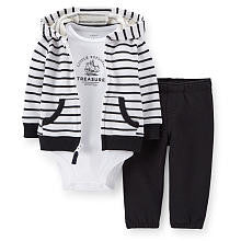 Carter's Boys 3 Piece Black/White Stripe Zip Up Hoodie, "Little Explorer" Short Sleeve Bodysuit and Black Terry Pant Set