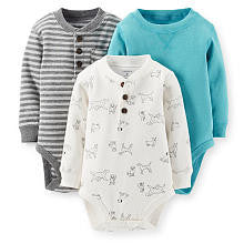 Carter's Boys 3 Pack Blue/Grey Assorted Long Sleeve Bodysuits