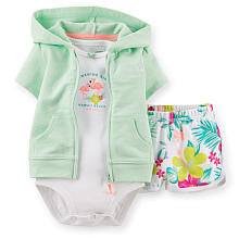 Carter's Girls 3 Piece Sleeveless Bodysuit, Floral Printed Shorts, and "Aloha Baby" Light Green Zip Up Hoodie Set