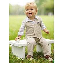 Koala Baby Boutique Boys 3 Piece White Striped Long Sleeve Button Down Shirt, Khaki Vest and Khaki Pants Set