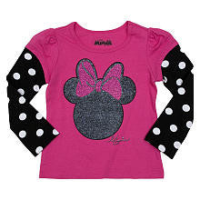 Disney Girls Pink/Black Glitter Minnie Mouse Faux Layered T Shirt - Toddler