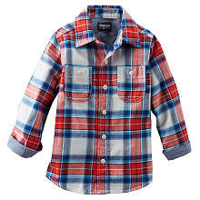 Oshkosh Boys Red/Navy Plaid Woven Button Down Shirt- Toddler