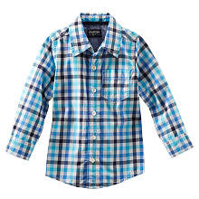 Oshkosh Boys Blue Plaid Long Sleeve Button Down Shirt- Toddler