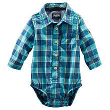 Oshkosh Boys Dark Blue Plaid Long Sleeve Button Down Bodysuit