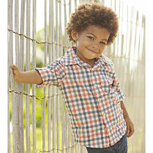 Oshkosh Boys Orange/Navy Plaid Woven Long Sleeve Shirt- Toddler