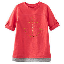 Oshkosh Girls Red Foil Anchor Slub Jersey Tunic with Grey Trim- Toddler