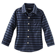 Oshkosh Boys Navy Striped Chambray Long Sleeve Button Down Shirt- Toddler