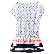 Oshkosh Girls White Floral Print Short Sleeve Drop Waist Tunic with Striped Trim Detail- Toddler