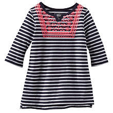 Oshkosh Girls Navy Striped Henley Tunic with Pink Neck Accent- Toddler