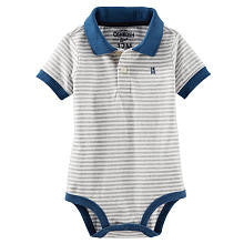 Oshkosh Boys Grey Striped Short Sleeve Polo Bodysuit with Blue Trim