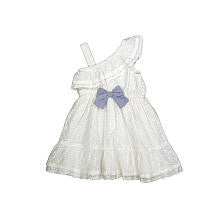 Koala Kids Girls White Printed Sleeveless Scalloped Eyelet Trim Dress with Striped Bow Detail