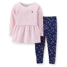 Carter's Girls 2 Piece Light Pink Striped Drop Waist Long Sleeve Top and Navy Heart Printed Legging Set