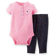 Carter's Girls 2 Piece Pink/White Striped Henley Short Sleeve Bodysuit and Jegging Set