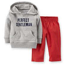 Carter's Boys 2 Piece Grey "Perfect Gentleman" Hooded Long Sleeve Top and Red Woven Pant Set - Toddler