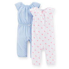 Carter's Girls 2 Pack Light Blue Polka Dot and White Printed Flutter Sleeve Coveralls