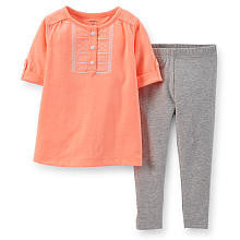 Carter's Girls 2 Piece Orange Short Sleeve Tunic and Embroidery and Grey Legging Set - Toddler