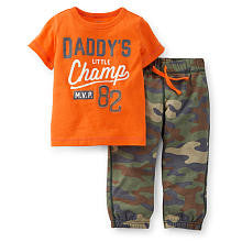 Carter's Boys 2 Piece Orange "Daddy's Champ" Short Sleeve Shirt and Camo Print Sweatpants Playwear Set