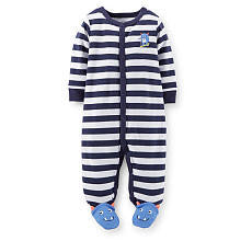 Carter's Boys Navy Striped Easy Entry Footie with Embroidered Monster Applique