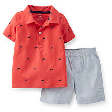 Carter's Boys 2 Piece Orange Schiffli Short Sleeve Polo Top and Blue Striped Woven Short Set - Toddler