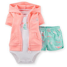 Carter's Girls 3 Piece Sleeveless Bodysuit, Sailboat Printed Blue Shorts, and Pink Short Sleeve Zip Up Hoodie Set