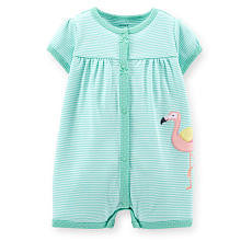 Carter's Girls Light Green Striped Romper with Flamingo Embroidery