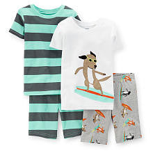 Carter's Boys White/Aqua 4 Piece Cotton Pajama with Dog Surfing and Stripe Printed Tops with Matching Short Sets