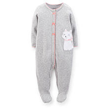 Carter's Girls Grey Easy Entry Footie with Polka Dot Print and Embroidered Cat Applique