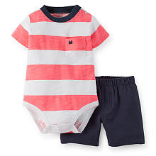 Carter's Boys 2 Piece Coral/White Striped Short Sleeve Bodysuit and Navy Terry Short Set