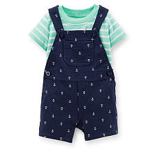 Carter's Boys 2 Piece Green Striped Short Sleeve T Shirt and Navy Anchor Schiffli Print Shortall Set