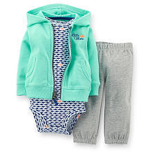 Carter's Boys 3 Piece Light Blue Zip Front Hoodie, Printed Bodysuit and Terry Pant Set