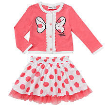 Disney Girls' 2 Piece Pink/White Minnie Mouse Playwear Set with Scallop Trim Cardigan and Polka Dot Skirt - Toddler