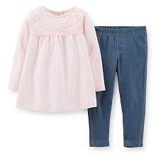 Carter's Girls 2 Piece Light Pink Empire Waist Long Sleeve Top and Light Denim Legging Set