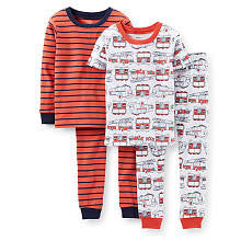 Carter's Boys 4 Piece Cotton Pajama with Red Fire Truck and Stripe Tops with Matching Pant Sets