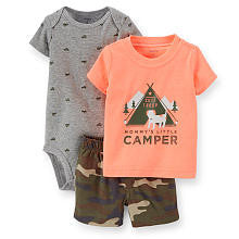 Carter's Boys Peach "Mommy's Little Camper" Short Sleeve T Shirt, Brown Schiffli Bodysuit and Brown Camo Print Shorts