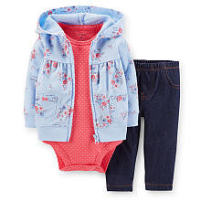 Carter's Girls 3 Piece Light Blue Floral Printed Cardigan, Coral Printed Rib Bodysuit and Knit Denim Pant Set