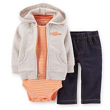 Carter's Boys 3 Piece Tan Zip Up Hoodie, Orange Striped Bodysuit and Faux Denim Jean Pant Set